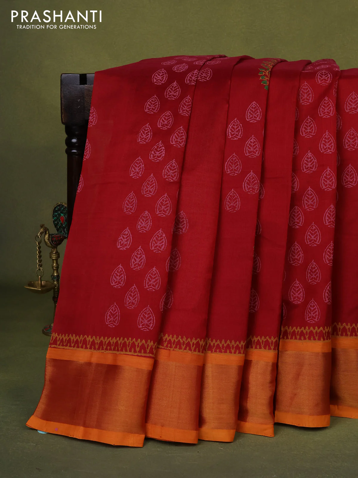 Silk cotton block printed saree maroon and mango yellow with allover butta prints and zari woven border