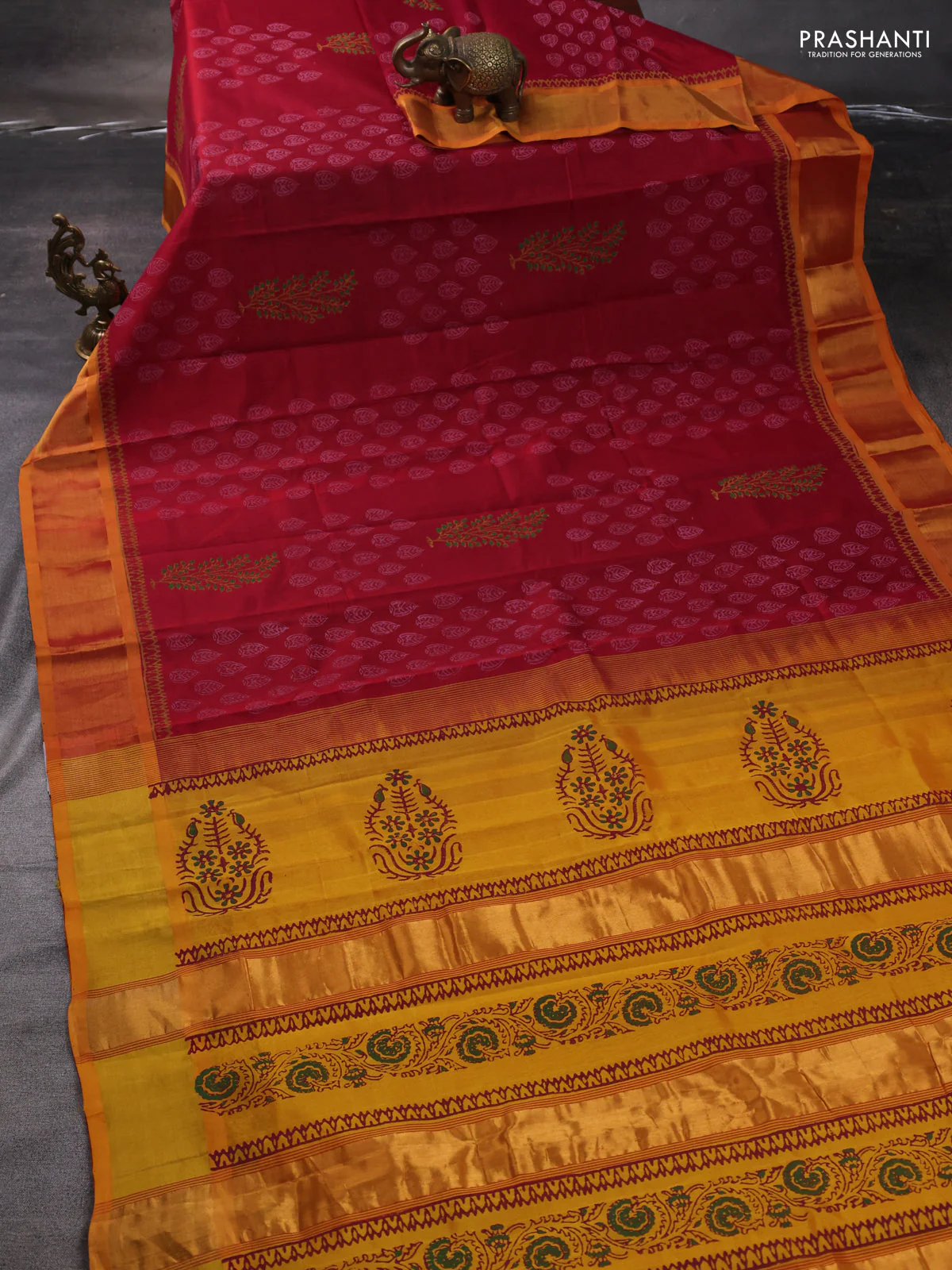 Silk cotton block printed saree maroon and mango yellow with allover butta prints and zari woven border - Image 2