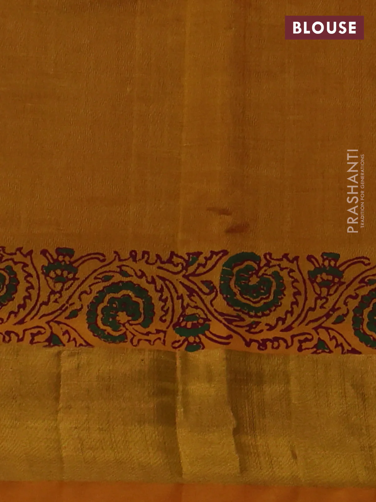 Silk cotton block printed saree maroon and mango yellow with allover butta prints and zari woven border - Image 3