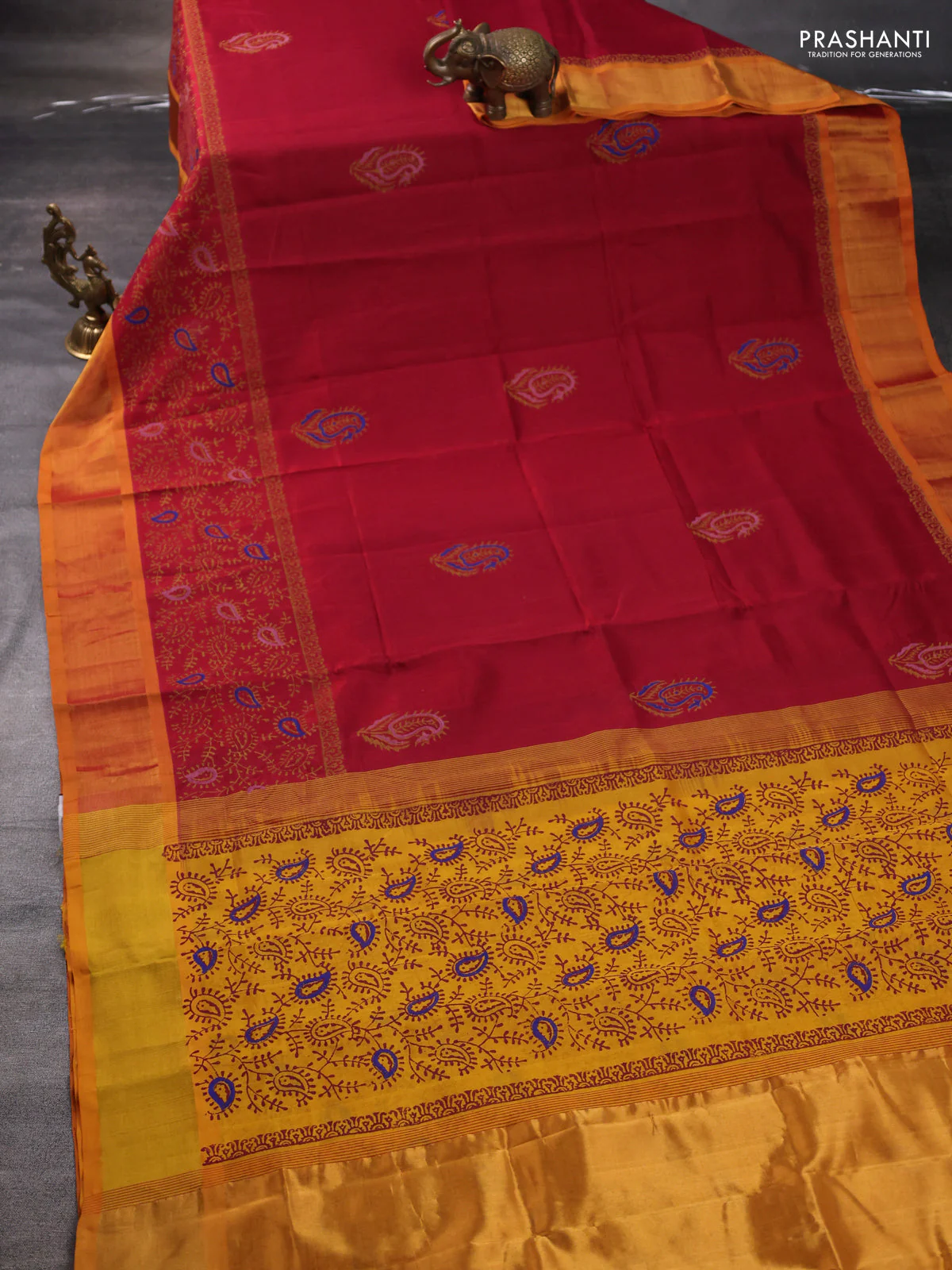 Silk cotton block printed saree maroon and mango yellow with paisley butta prints and zari woven border - Image 2