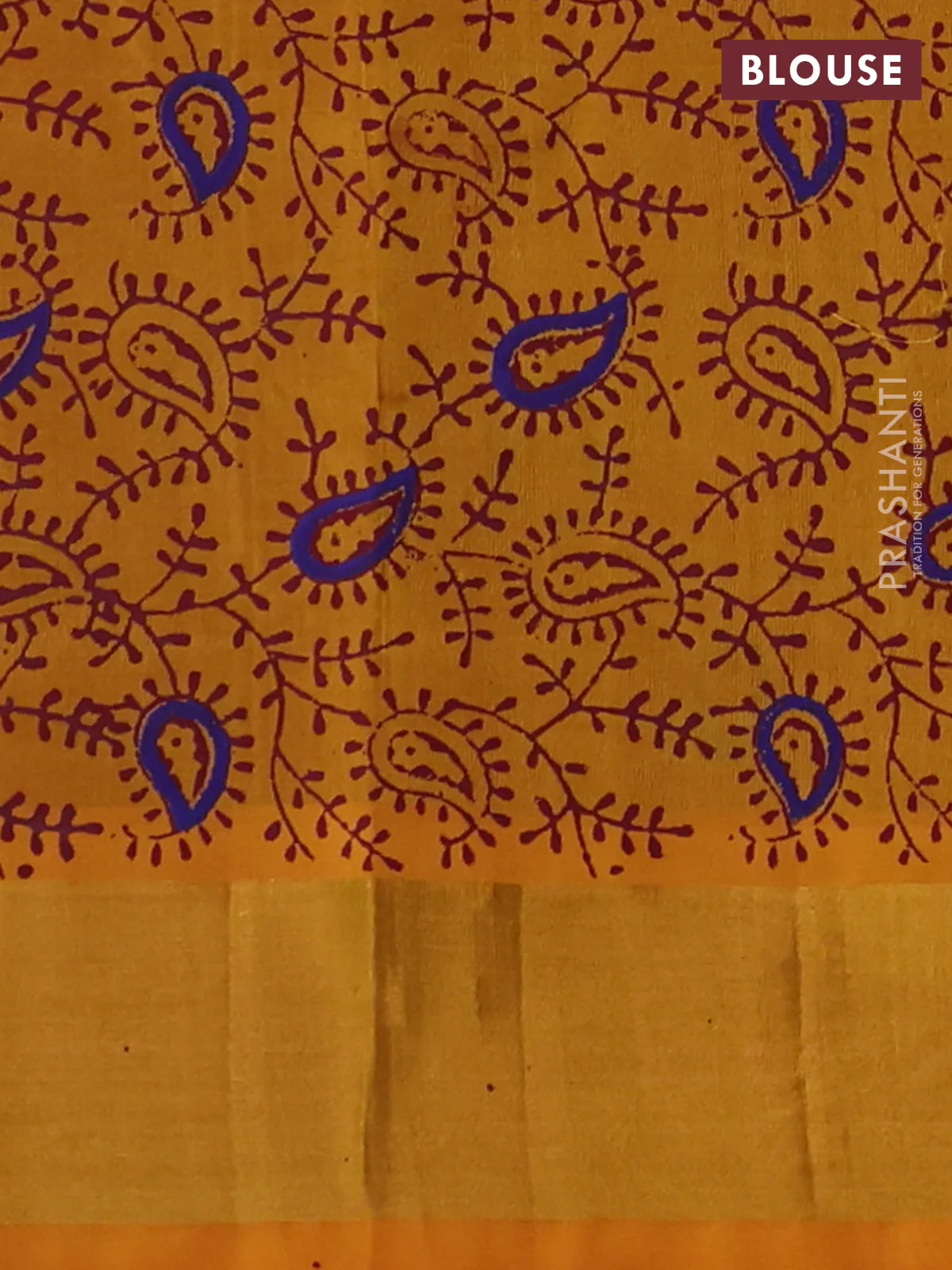 Silk cotton block printed saree maroon and mango yellow with paisley butta prints and zari woven border - Image 3