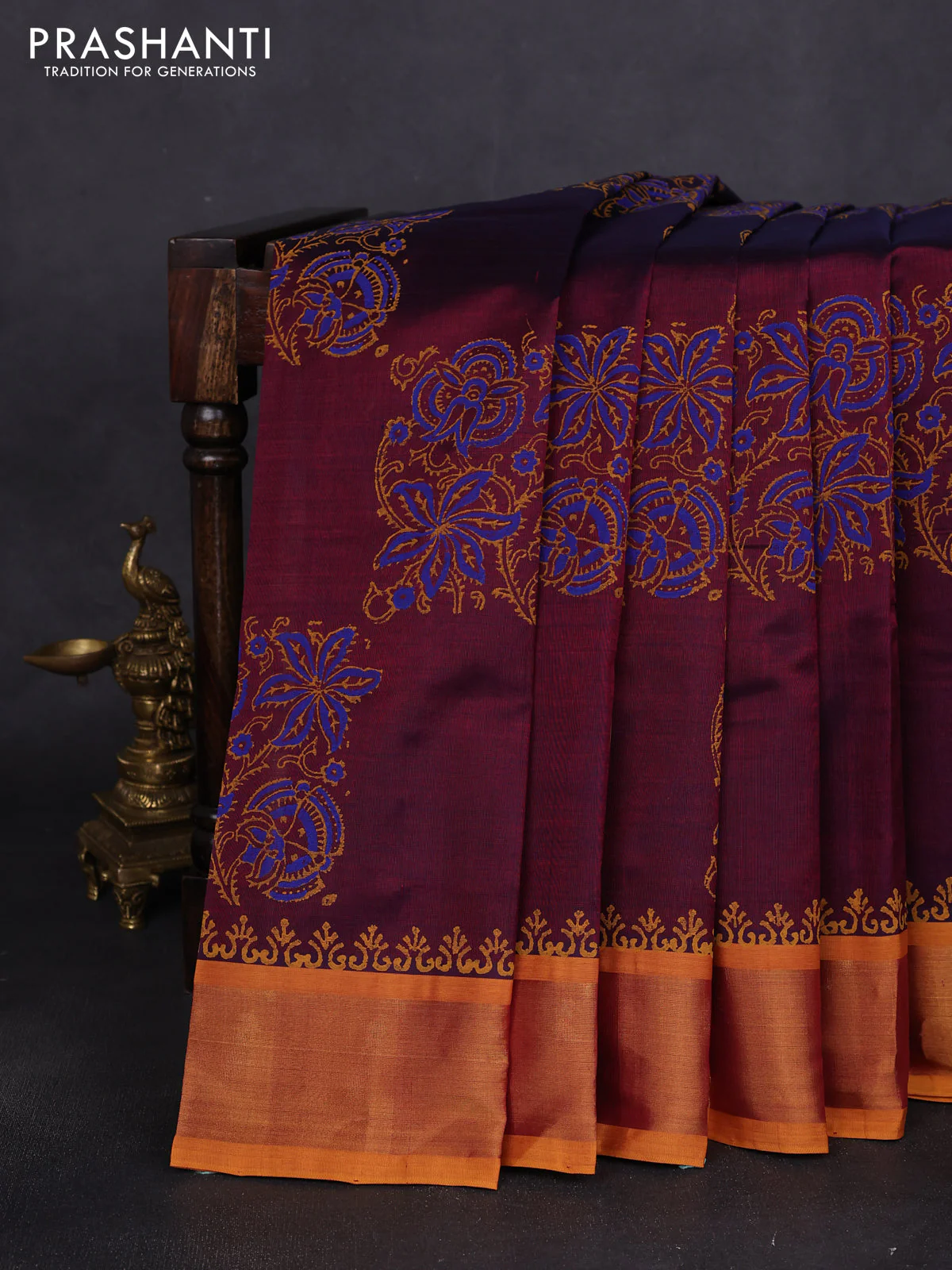 Silk cotton block printed saree maroon and mustard yellow with prints and zari woven border
