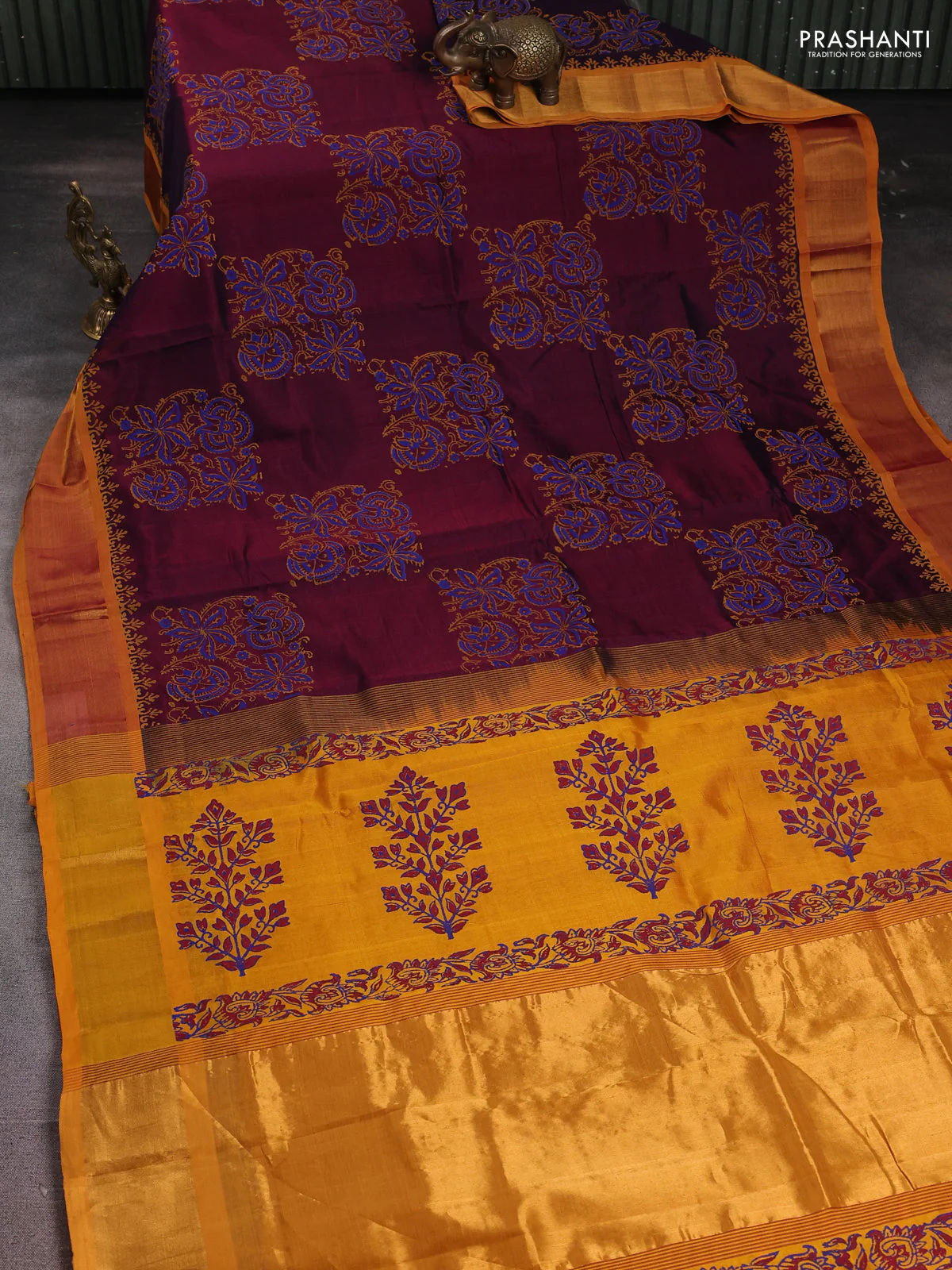 Silk cotton block printed saree maroon and mustard yellow with prints and zari woven border - Image 2