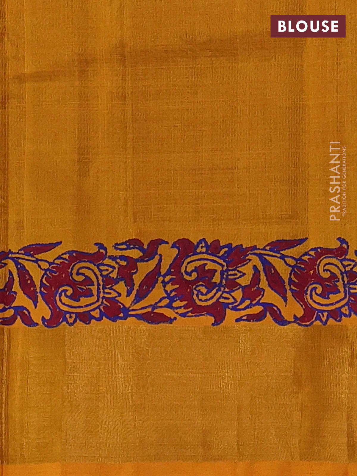 Silk cotton block printed saree maroon and mustard yellow with prints and zari woven border - Image 3