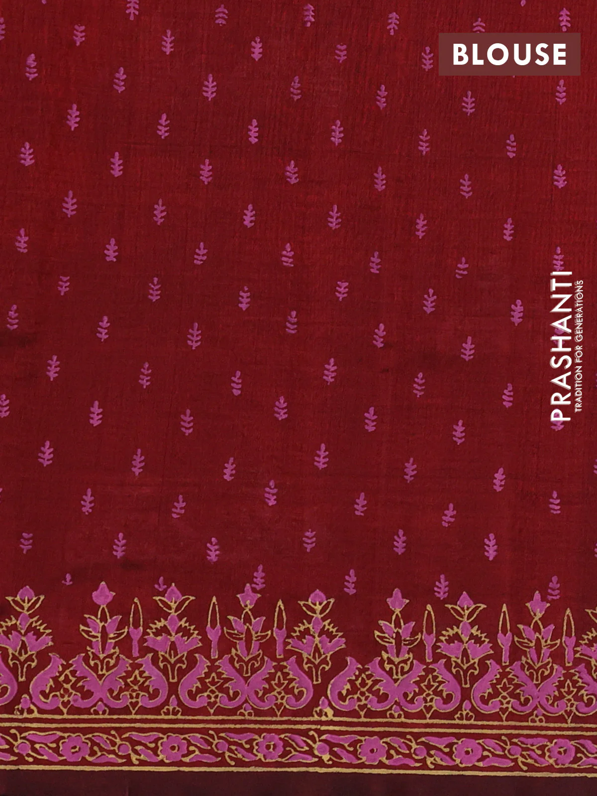 Silk cotton block printed saree maroon with butta prints and printed border - Image 3