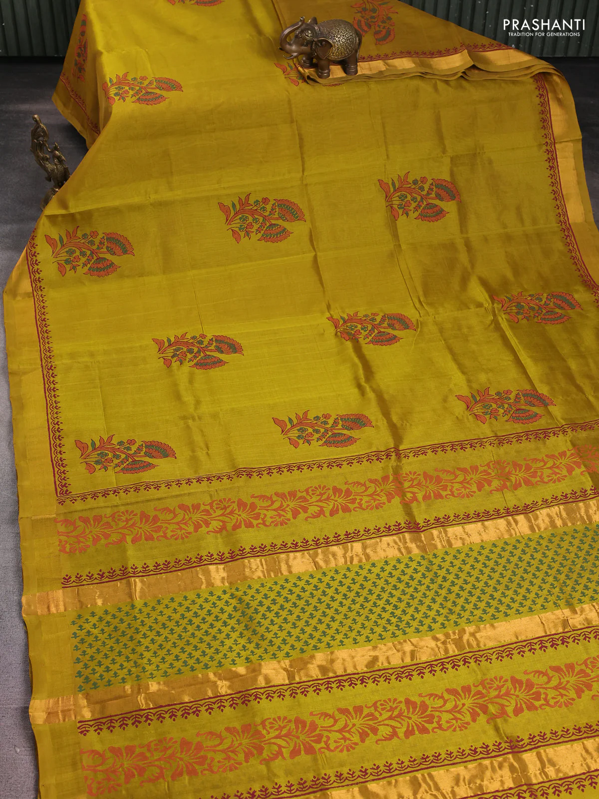 Silk cotton block printed saree mustard yellow with floral butta prints and zari woven border - Image 2