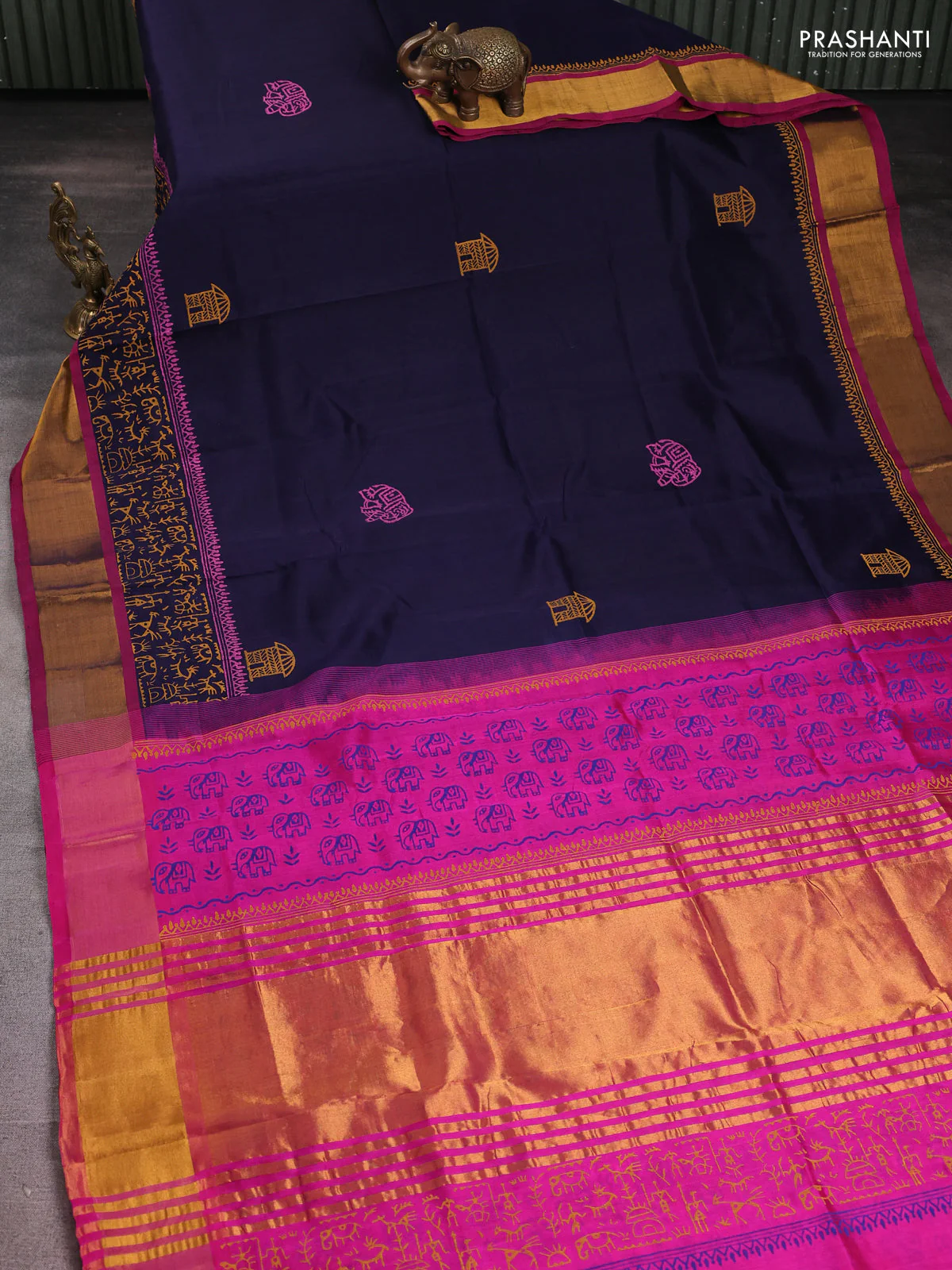 Silk cotton block printed saree navy blue and pink with butta prints and zari woven border - Image 2