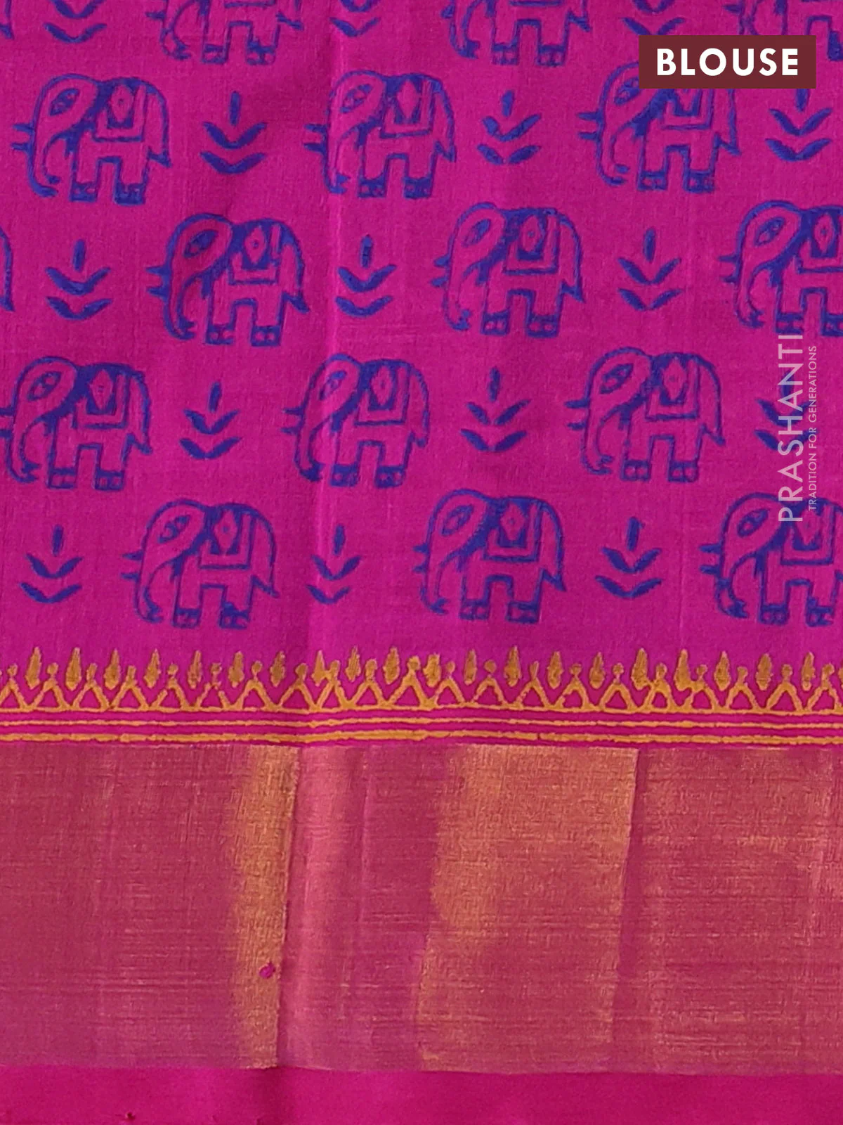 Silk cotton block printed saree navy blue and pink with butta prints and zari woven border - Image 3