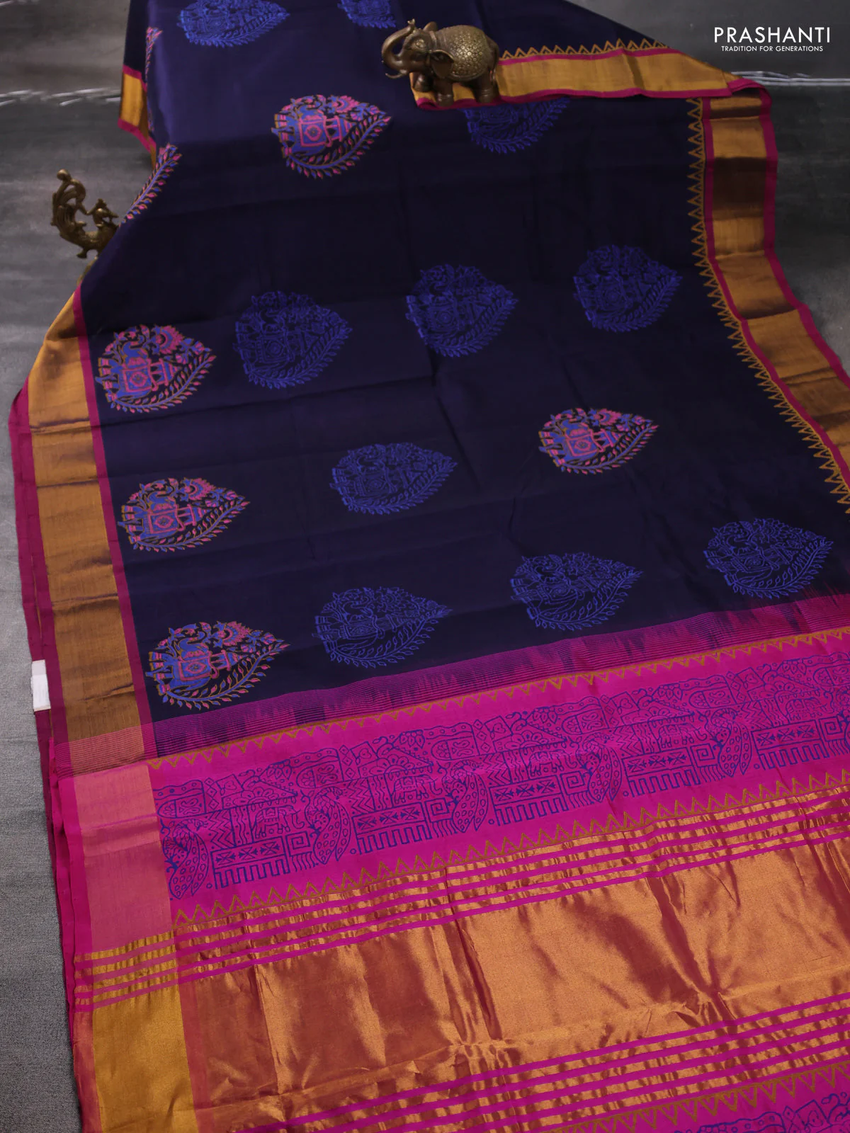 Silk cotton block printed saree navy blue and pink with butta prints and zari woven border - Image 2