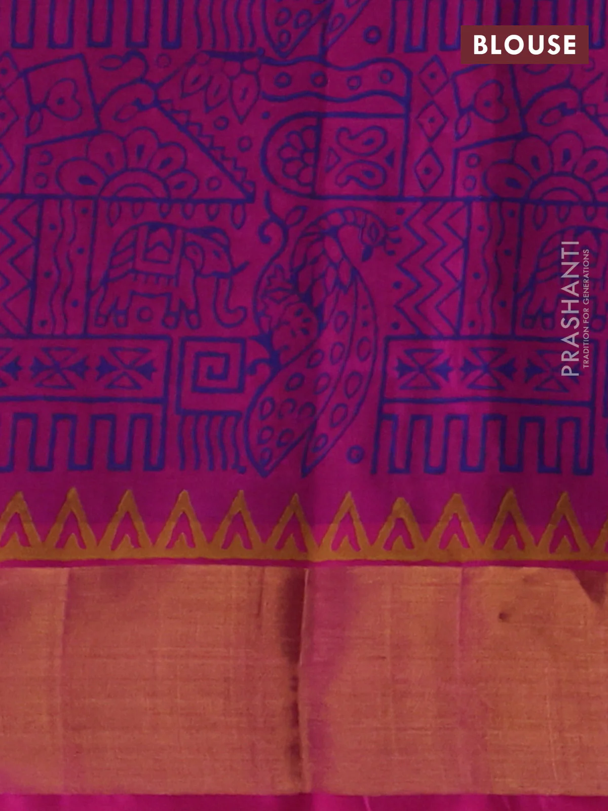 Silk cotton block printed saree navy blue and pink with butta prints and zari woven border - Image 3
