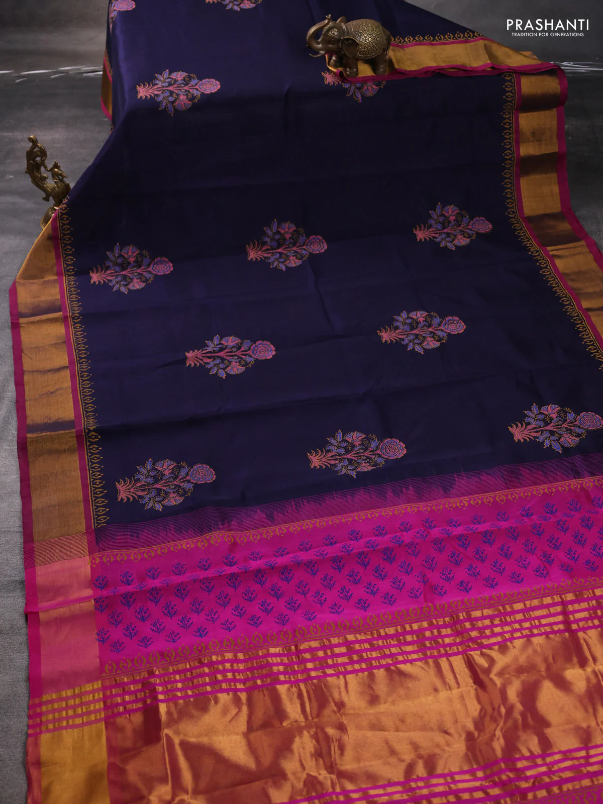 Silk cotton block printed saree navy blue and pink with floral butta prints and zari woven border - Image 2