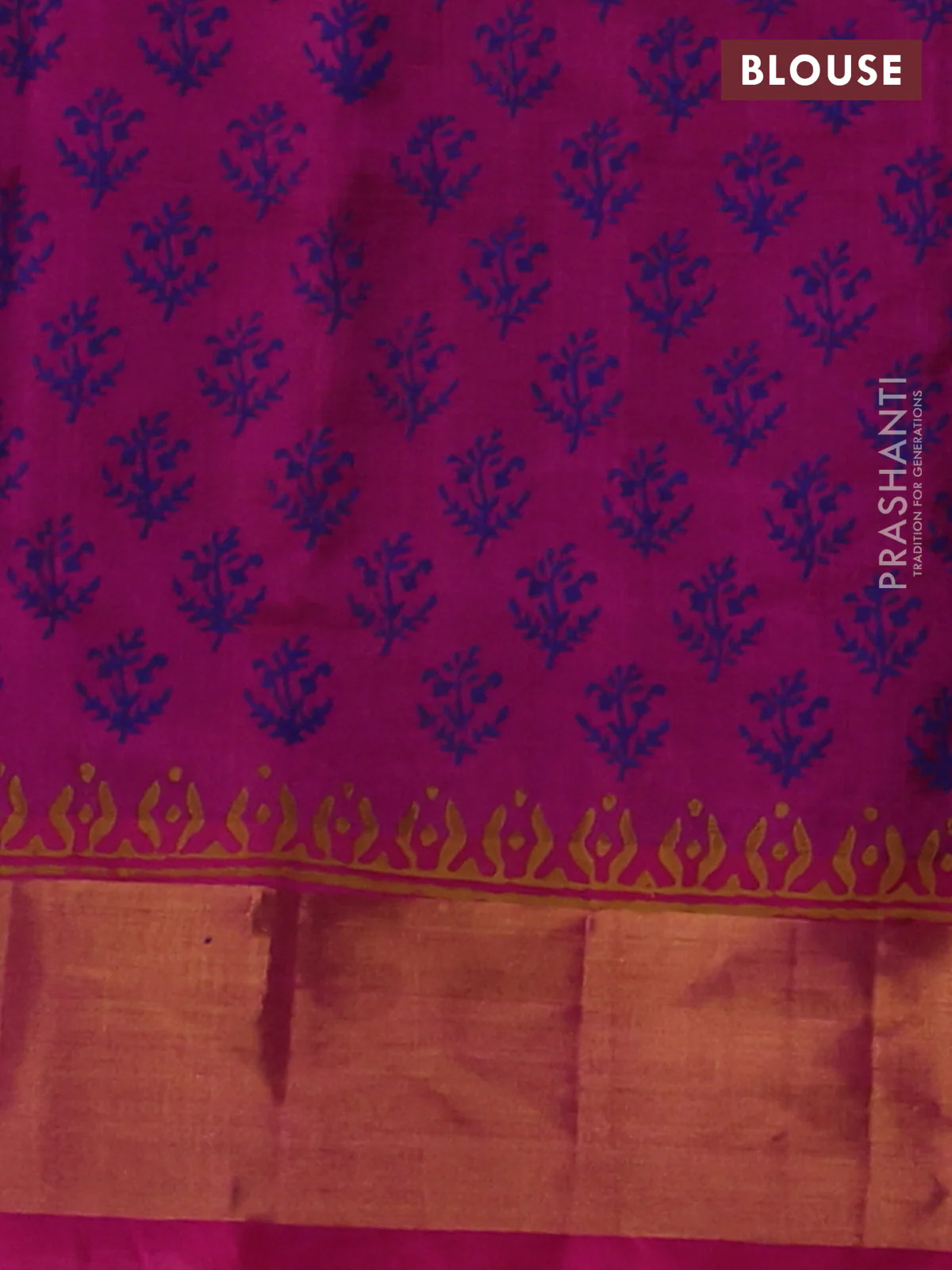 Silk cotton block printed saree navy blue and pink with floral butta prints and zari woven border - Image 3