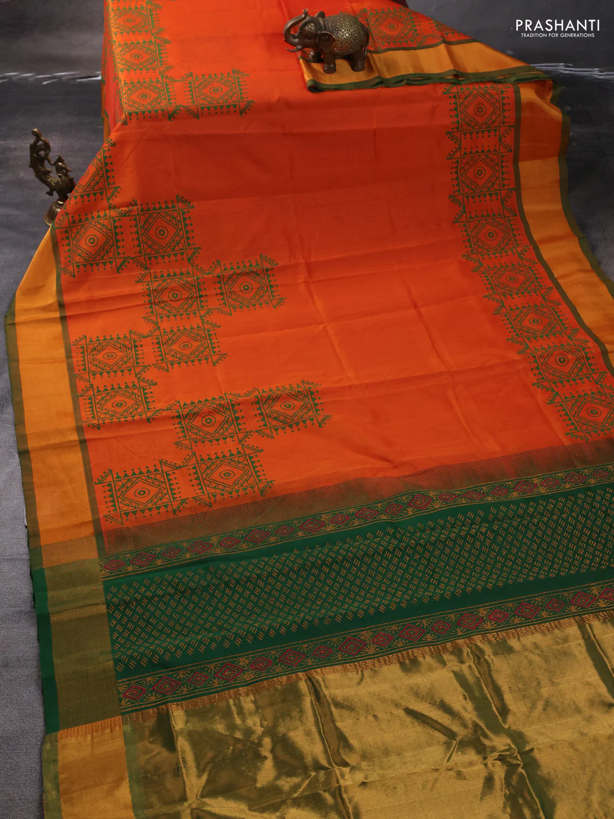 Silk cotton block printed saree orange and green with butta prints and zari woven border - Image 2