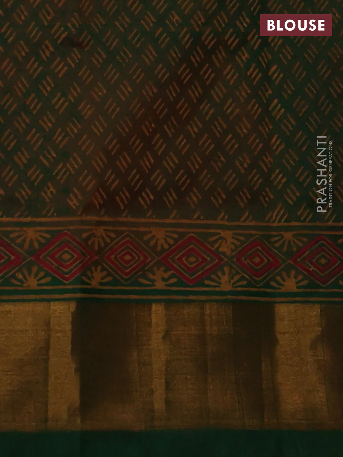 Silk cotton block printed saree orange and green with butta prints and zari woven border - Image 3