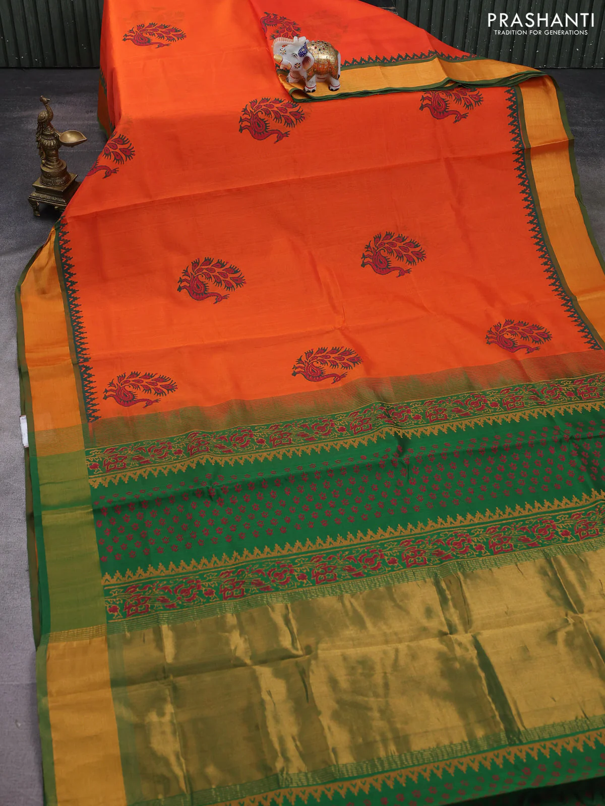 Silk cotton block printed saree orange and green with butta prints and zari woven border - Image 2