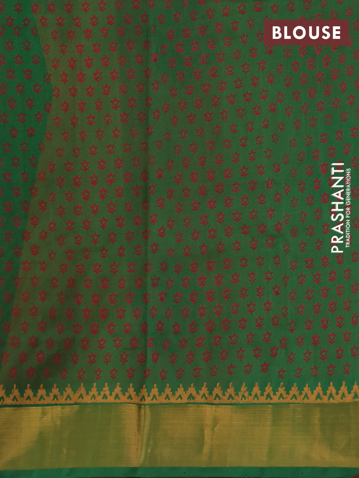 Silk cotton block printed saree orange and green with butta prints and zari woven border - Image 3