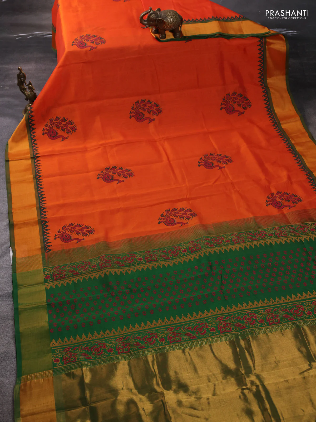 Silk cotton block printed saree orange and green with prints and zari woven border - Image 2