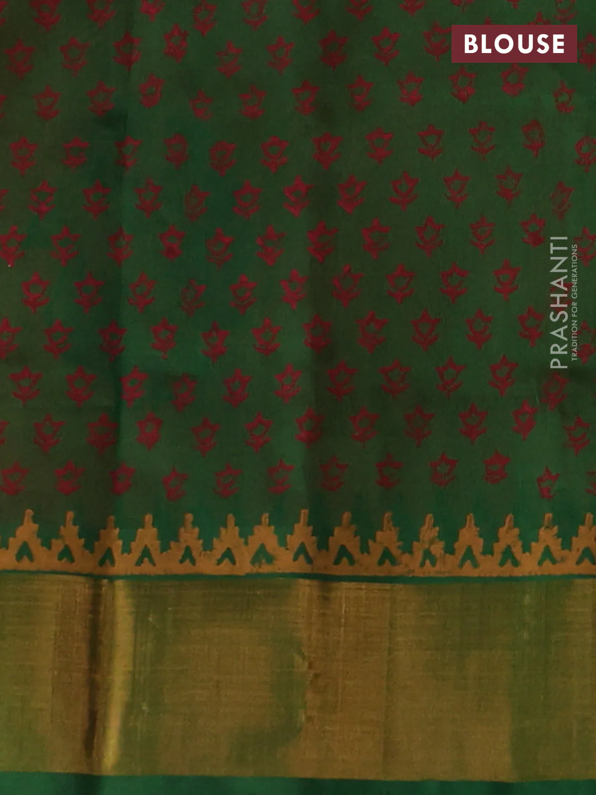 Silk cotton block printed saree orange and green with prints and zari woven border - Image 3