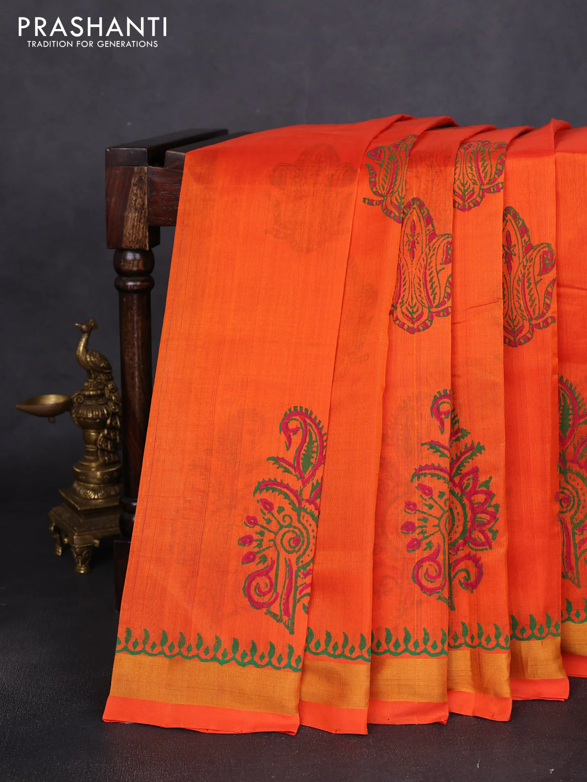 Silk cotton block printed saree orange with butta prints and zari woven border