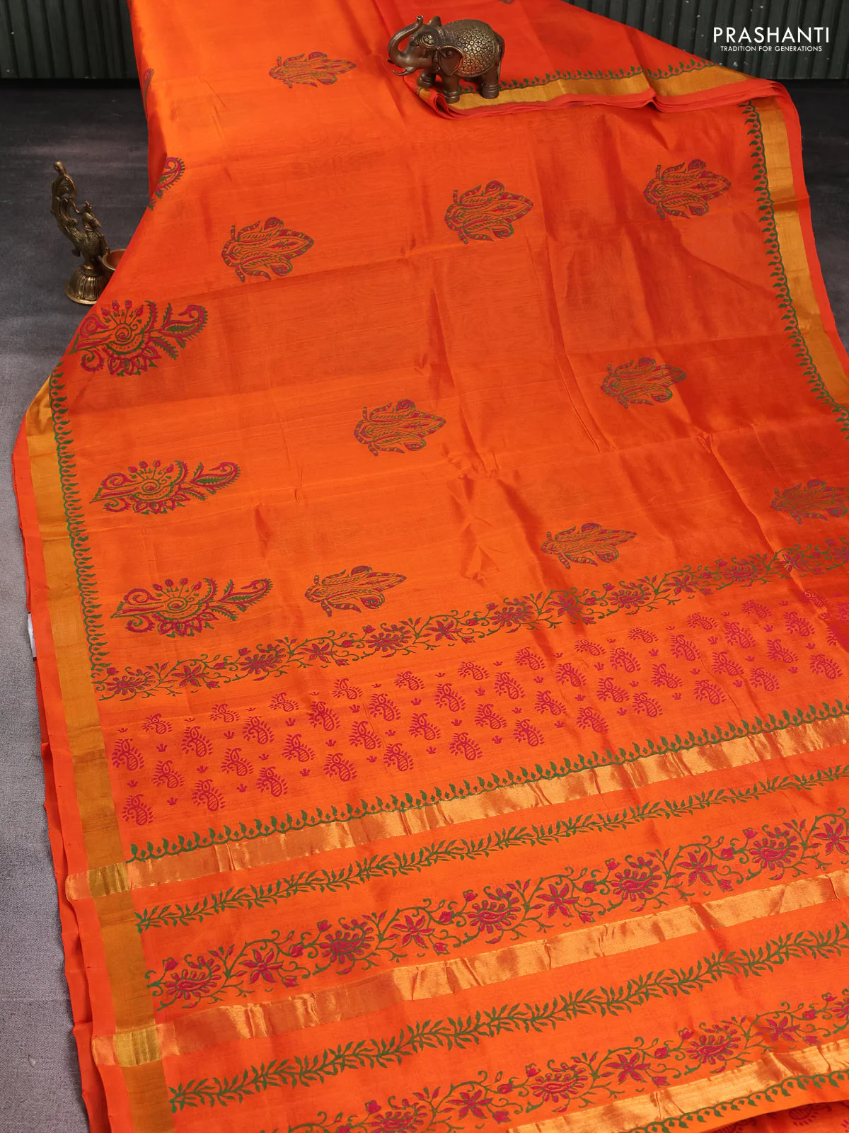 Silk cotton block printed saree orange with butta prints and zari woven border - Image 2