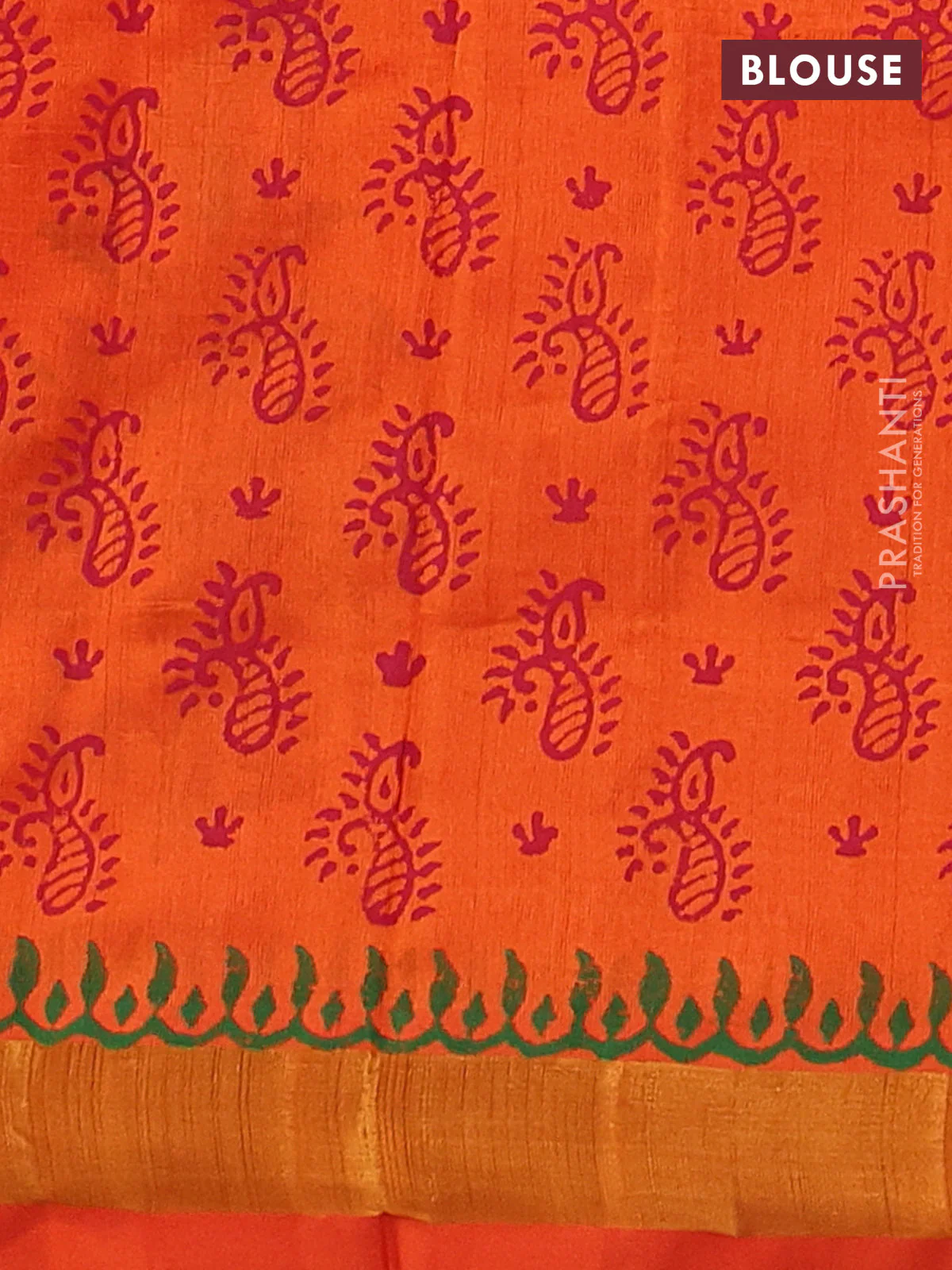 Silk cotton block printed saree orange with butta prints and zari woven border - Image 3