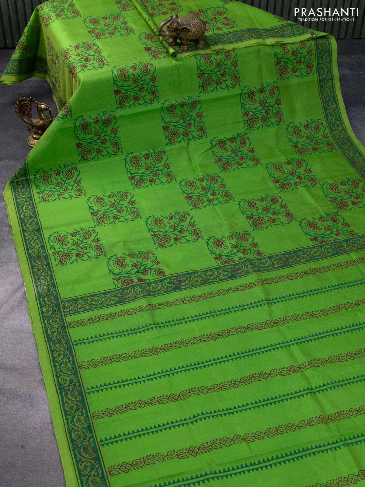 Silk cotton block printed saree parrot green with allover box type butta prints and printed border - Image 2