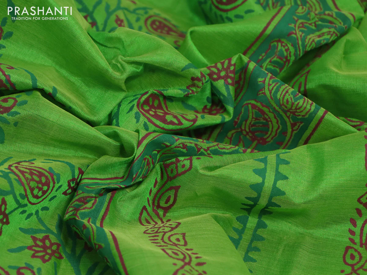 Silk cotton block printed saree parrot green with allover box type butta prints and printed border - Image 3