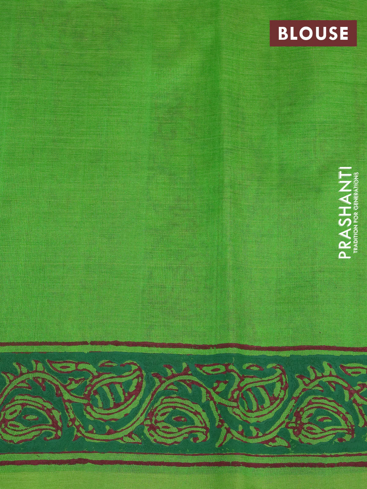 Silk cotton block printed saree parrot green with allover box type butta prints and printed border - Image 4
