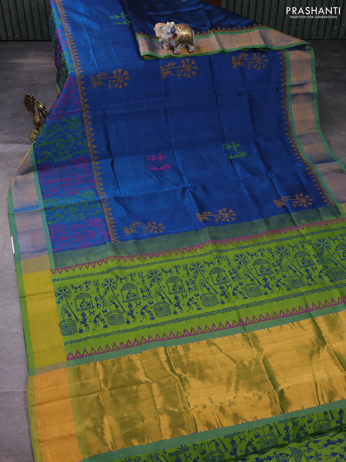 Silk cotton block printed saree peacock blue and light green with allover prints and zari woven border - Image 2