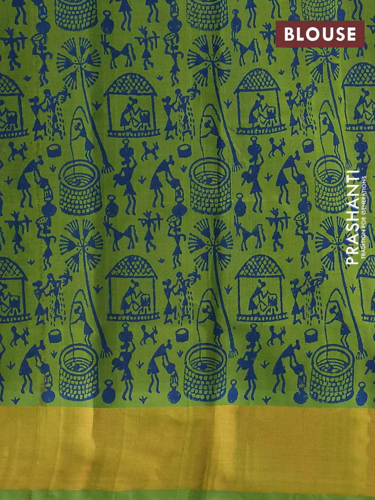 Silk cotton block printed saree peacock blue and light green with allover prints and zari woven border - Image 3