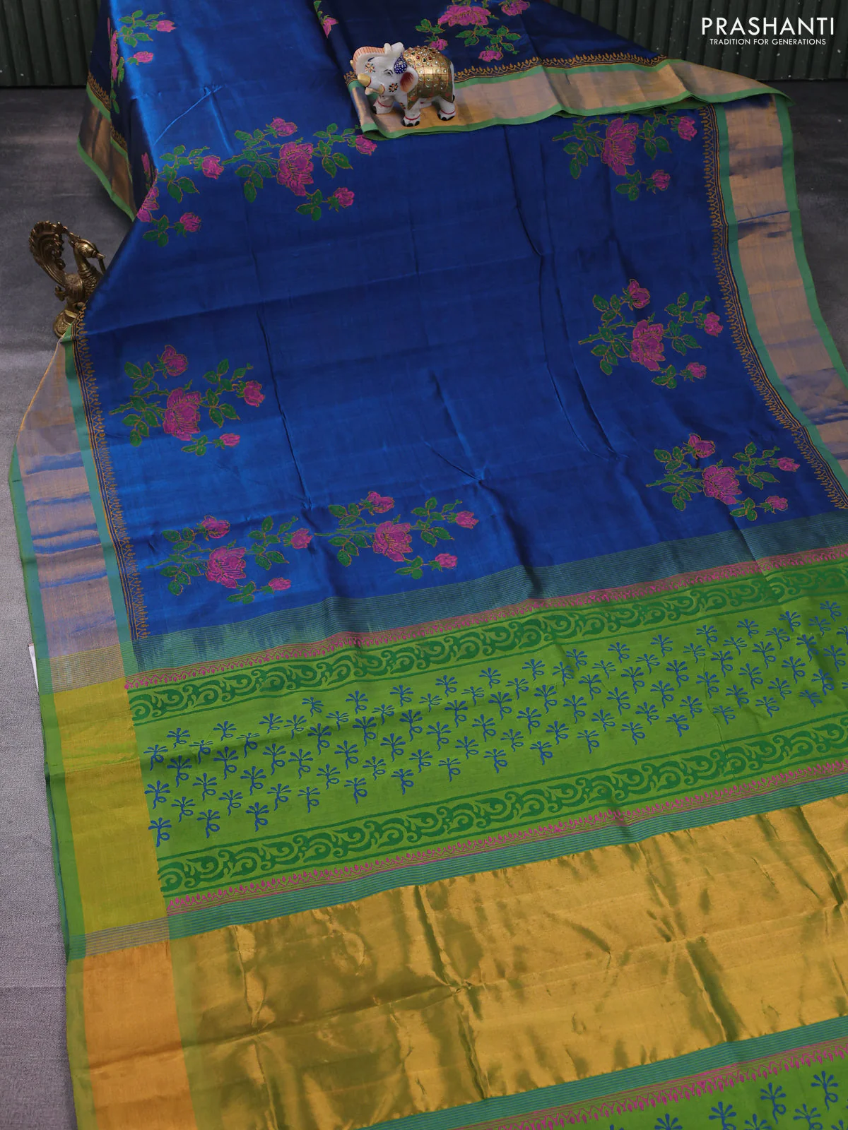 Silk cotton block printed saree peacock blue and light green with floral prints and zari woven border - Image 2