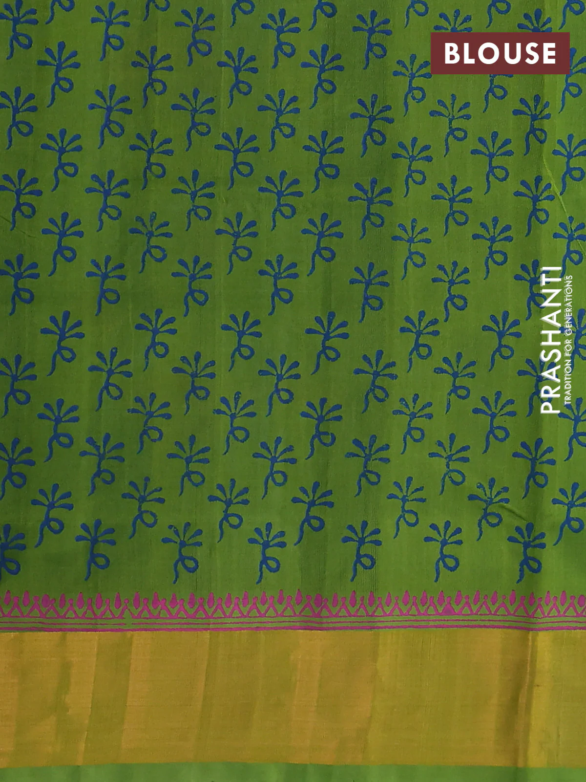 Silk cotton block printed saree peacock blue and light green with floral prints and zari woven border - Image 3