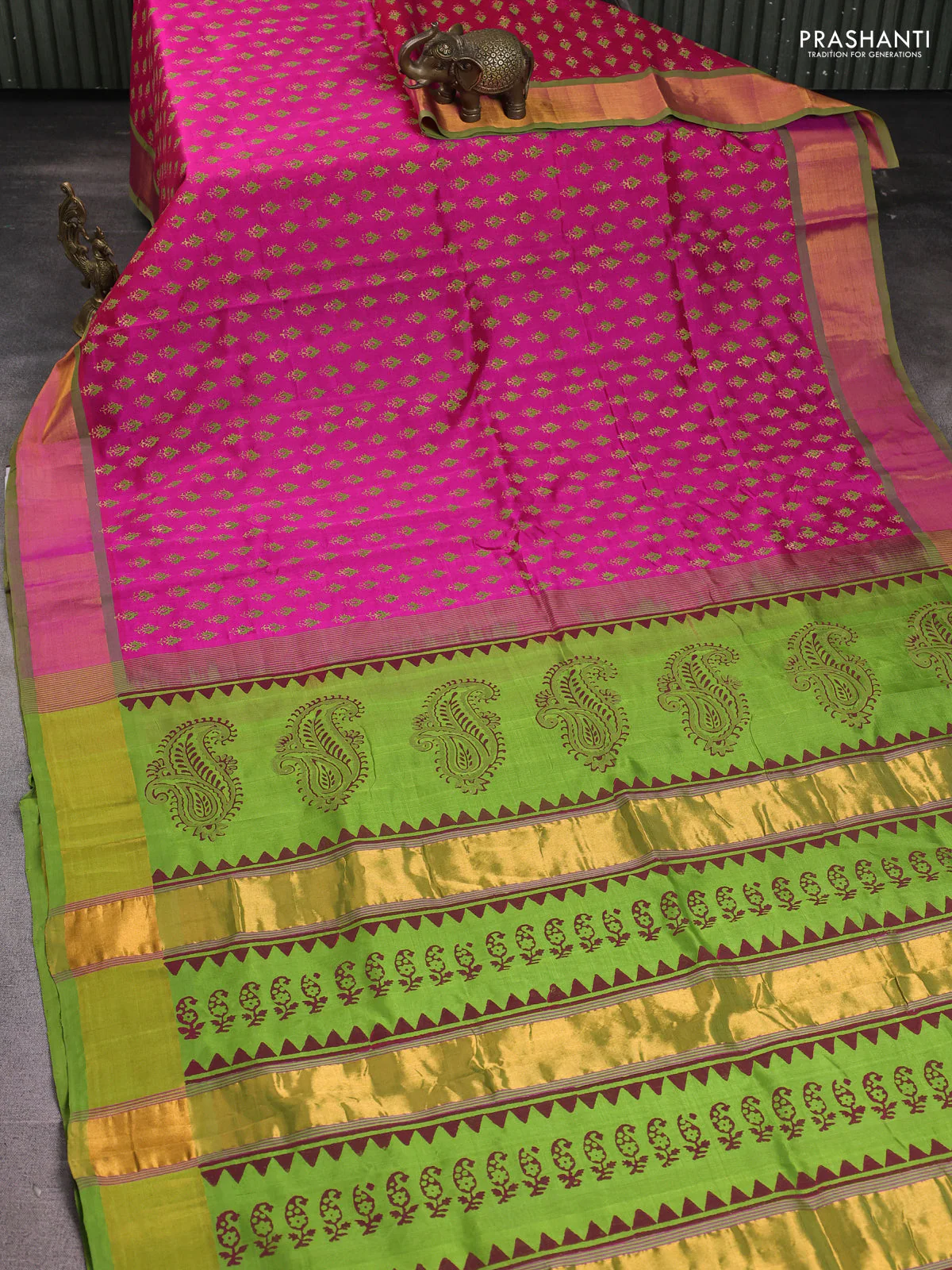 Silk cotton block printed saree pink and light green with allover butta prints and zari woven border - Image 2