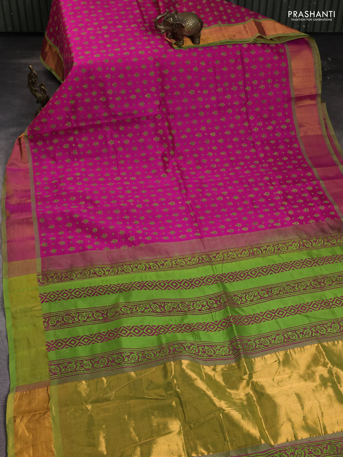 Silk cotton block printed saree pink and light green with allover butta prints and zari woven border - Image 2