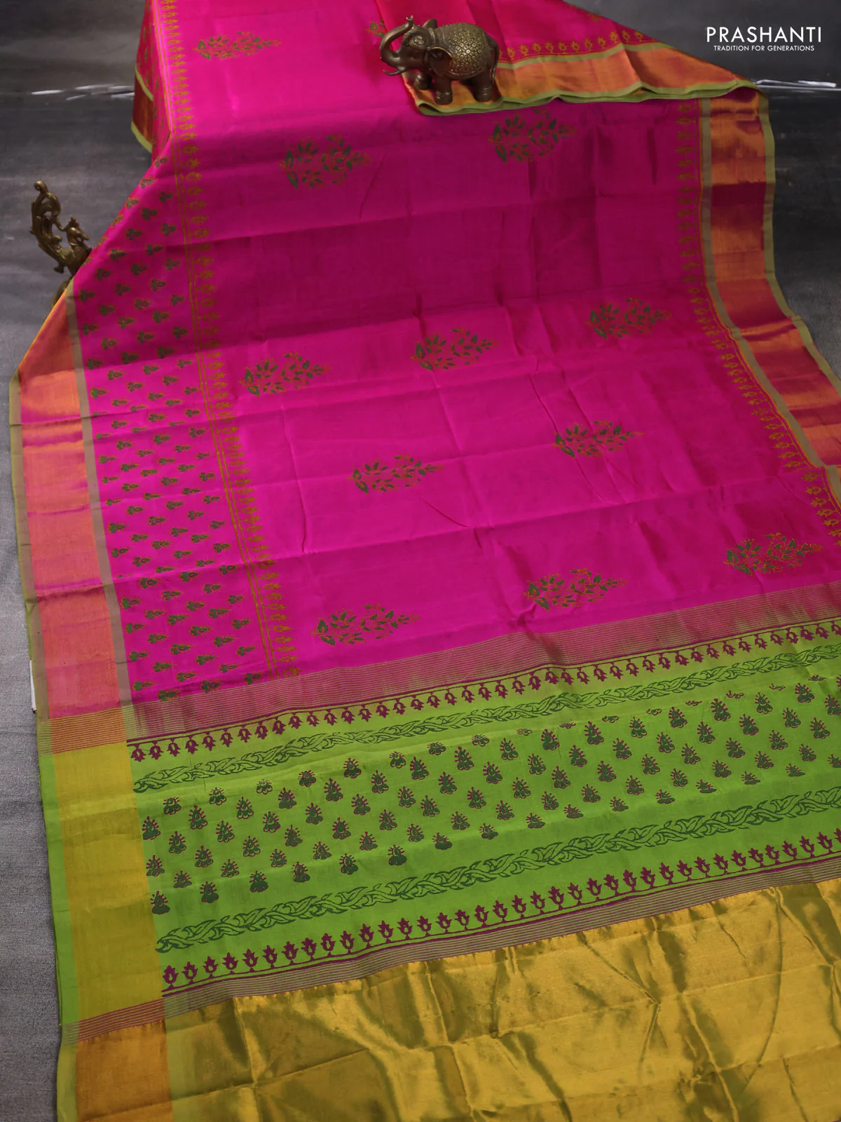 Silk cotton block printed saree pink and light green with allover butta prints and zari woven border - Image 2