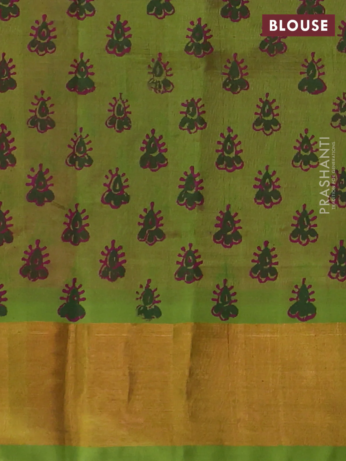 Silk cotton block printed saree pink and light green with allover butta prints and zari woven border - Image 3