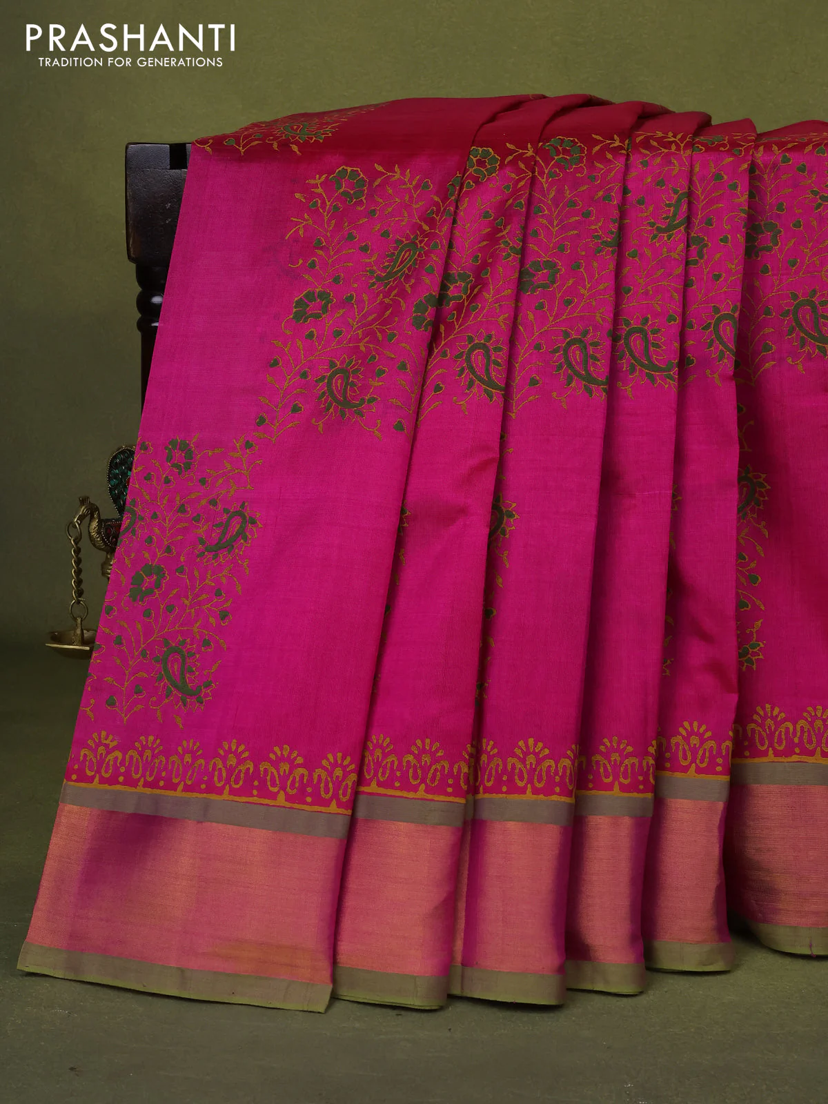 Silk cotton block printed saree pink and light green with allover prints and zari woven border