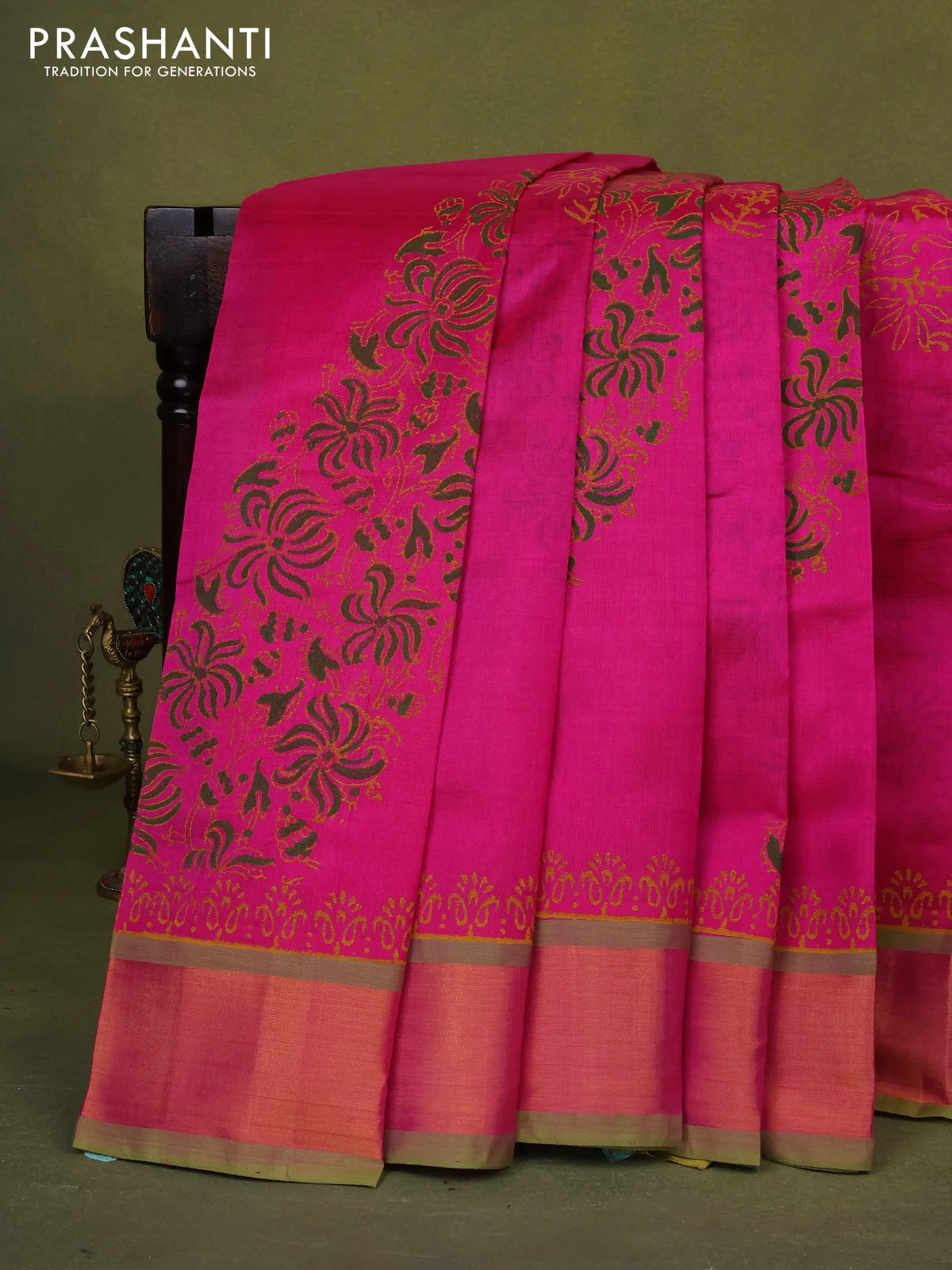 Silk cotton block printed saree pink and light green with allover prints and zari woven border