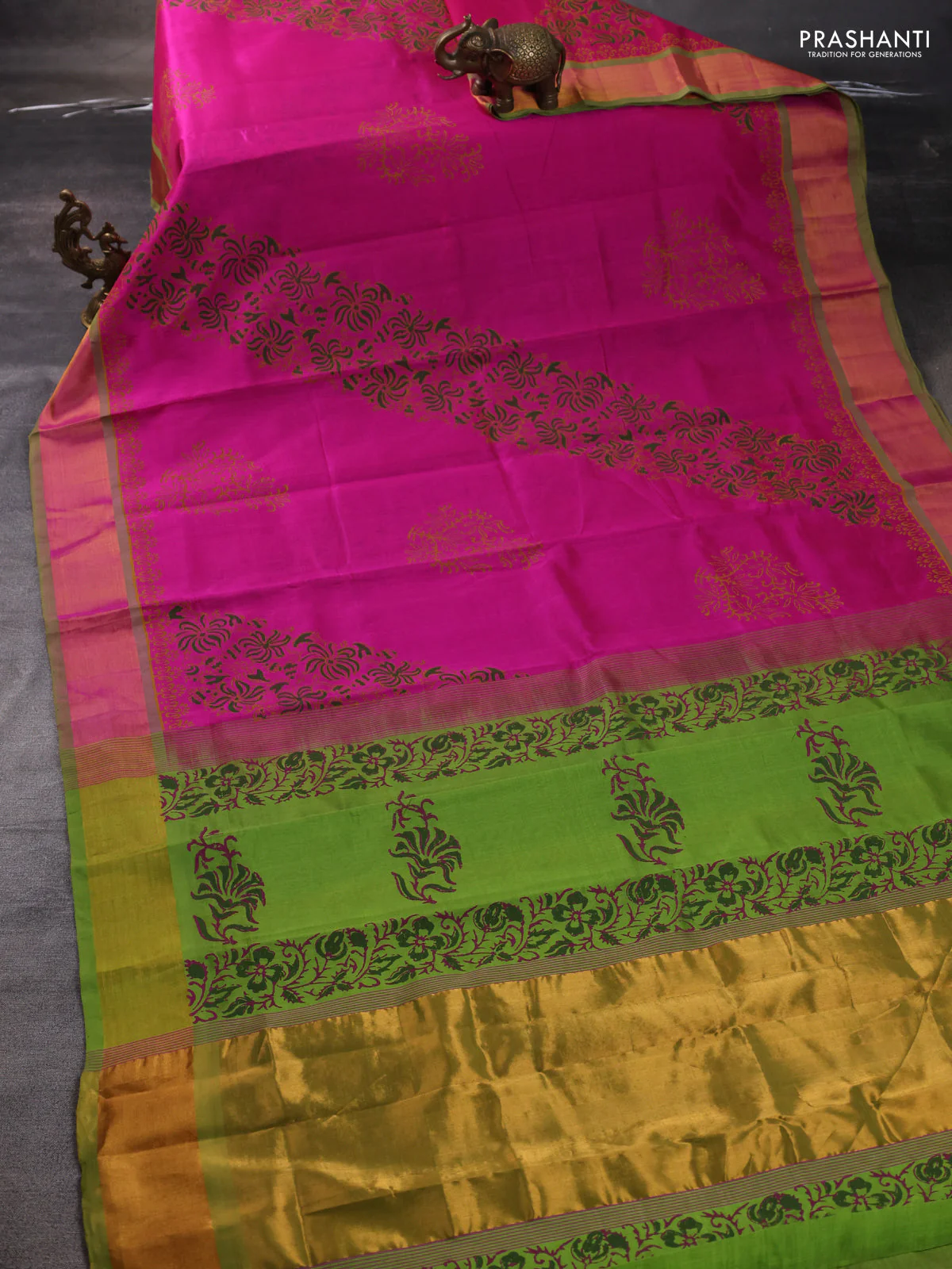 Silk cotton block printed saree pink and light green with allover prints and zari woven border - Image 2