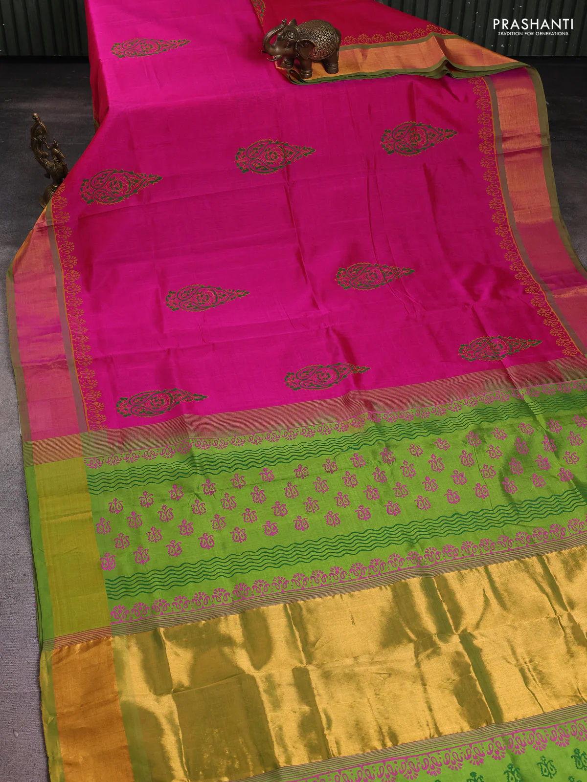 Silk cotton block printed saree pink and light green with butta prints and zari woven border - Image 2