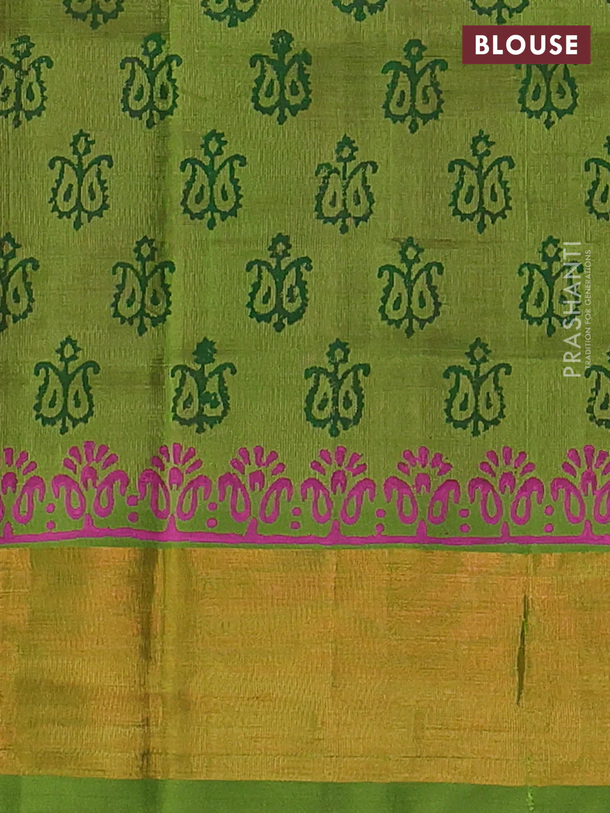 Silk cotton block printed saree pink and light green with butta prints and zari woven border - Image 3
