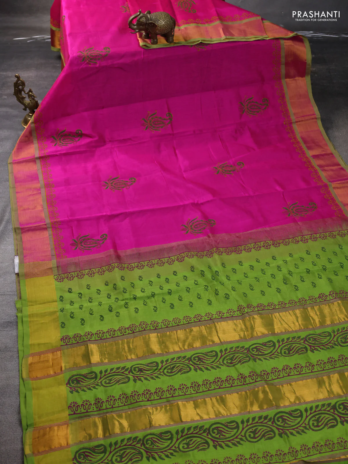 Silk cotton block printed saree pink and light green with paisley butta prints and zari woven border - Image 2