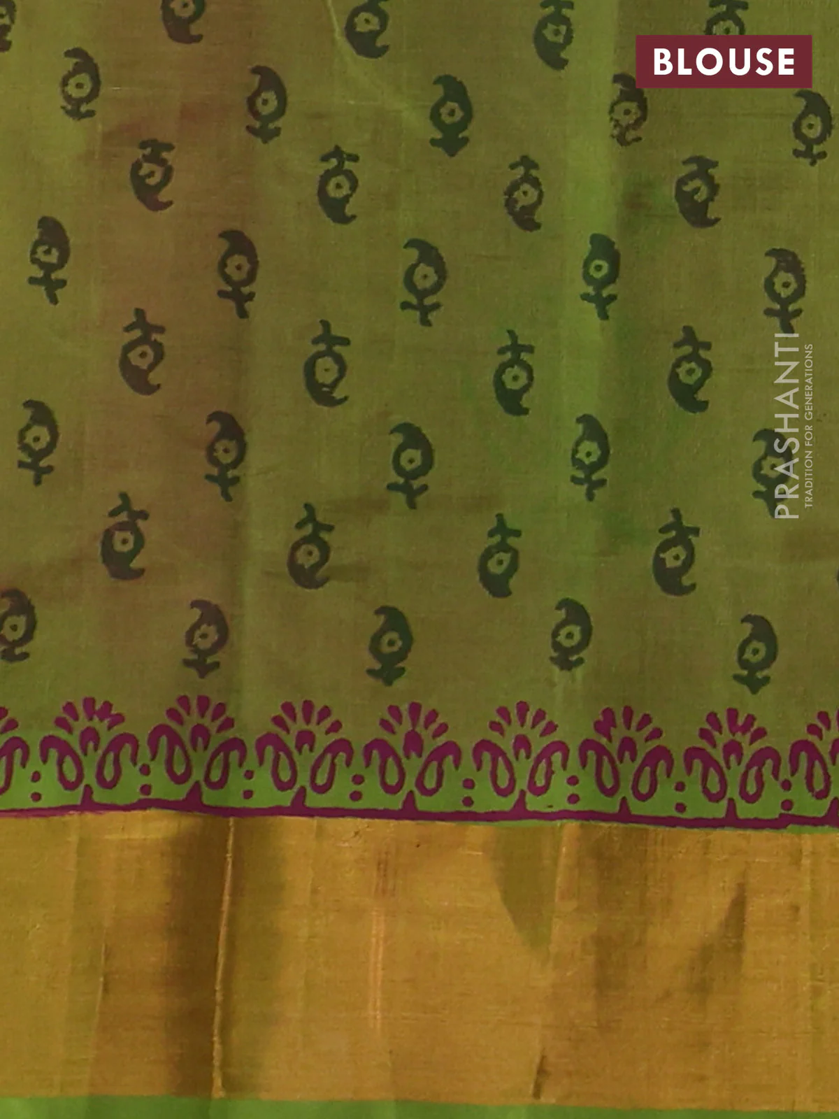 Silk cotton block printed saree pink and light green with paisley butta prints and zari woven border - Image 3