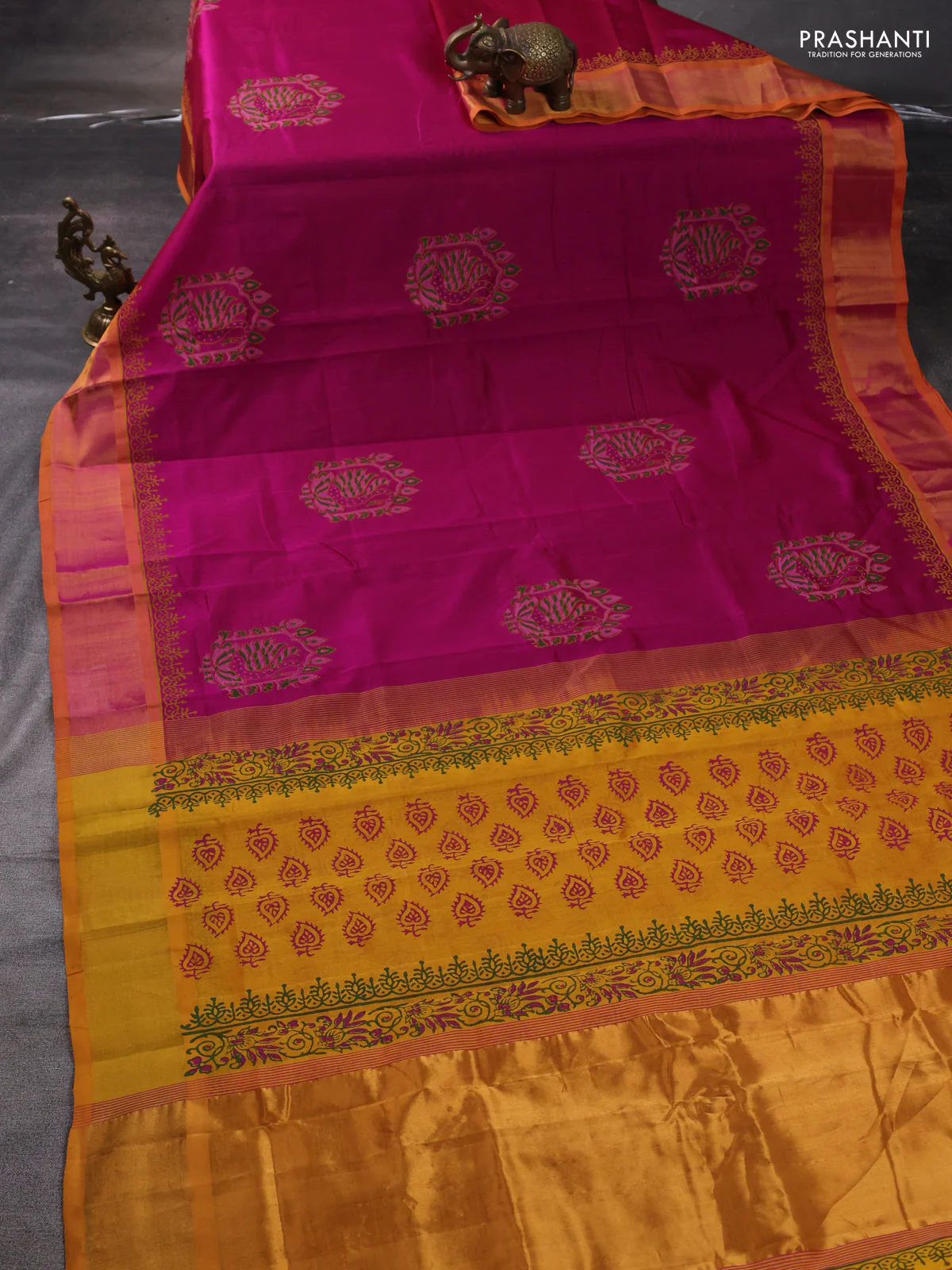 Silk cotton block printed saree pink and mango yellow with butta prints and zari woven border - Image 2