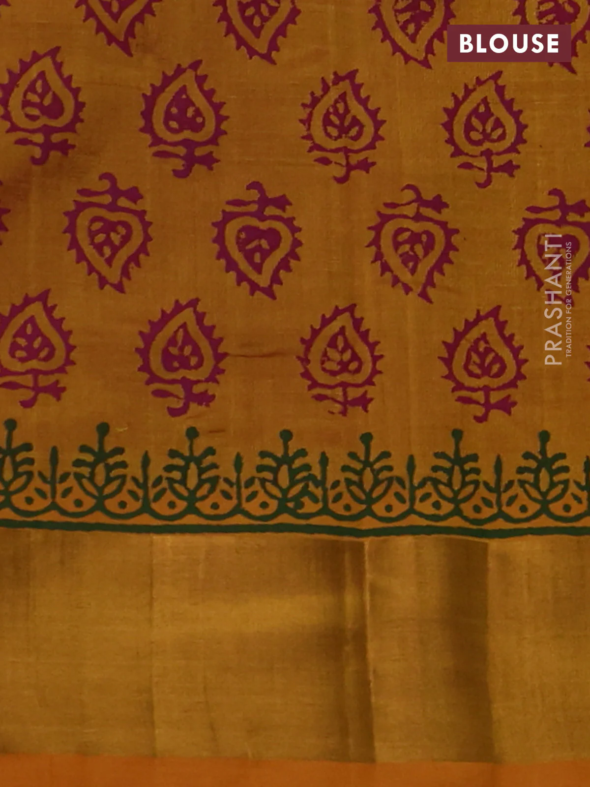 Silk cotton block printed saree pink and mango yellow with butta prints and zari woven border - Image 3