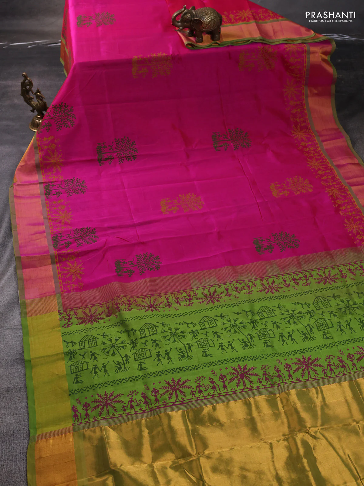 Silk cotton block printed saree pink shade and light green with allover prints and zari woven border - Image 2