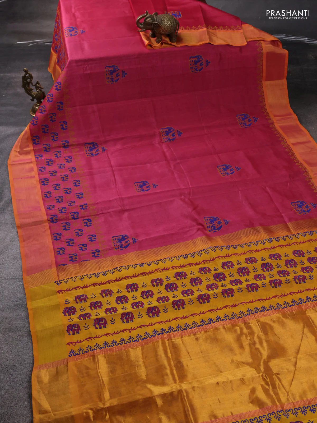 Silk cotton block printed saree pink shade and mango yellow with butta prints and zari woven border - Image 2
