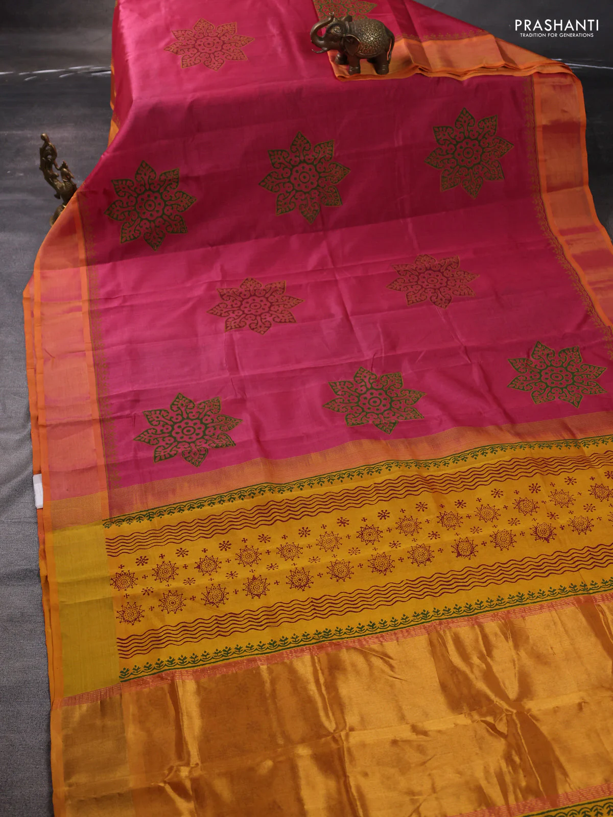 Silk cotton block printed saree pink shade and mango yellow with butta prints and zari woven border - Image 2