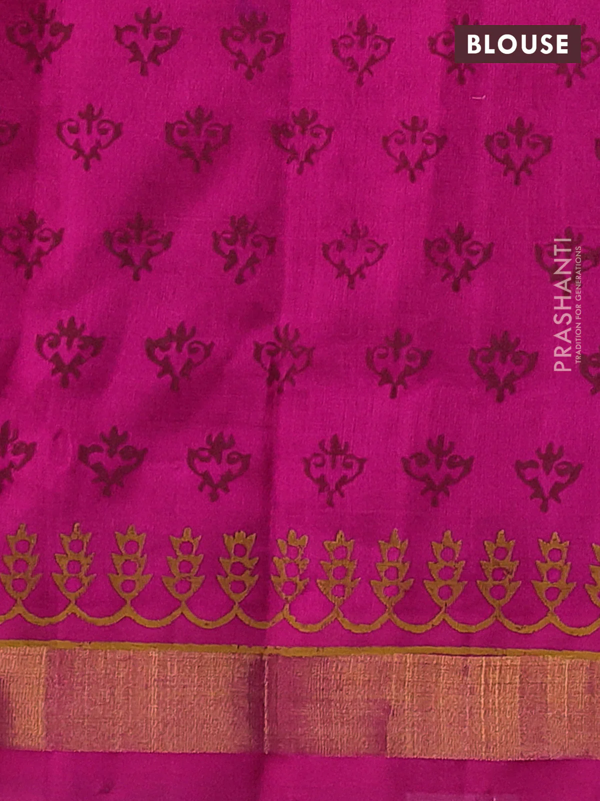 Silk cotton block printed saree pink with butta prints and zari woven border - Image 3
