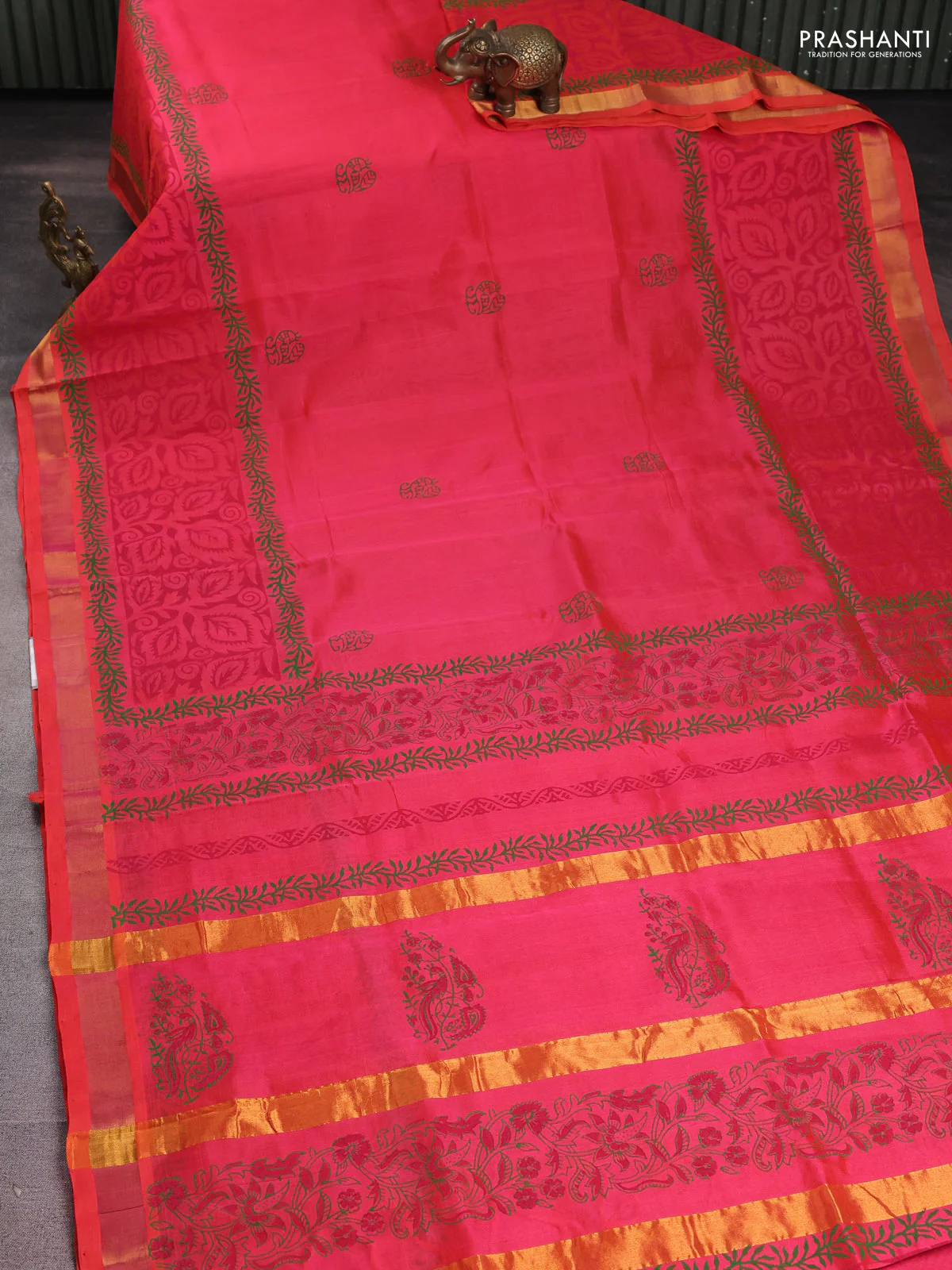 Silk cotton block printed saree pinkish orange with prints and long printed zari woven border - Image 2